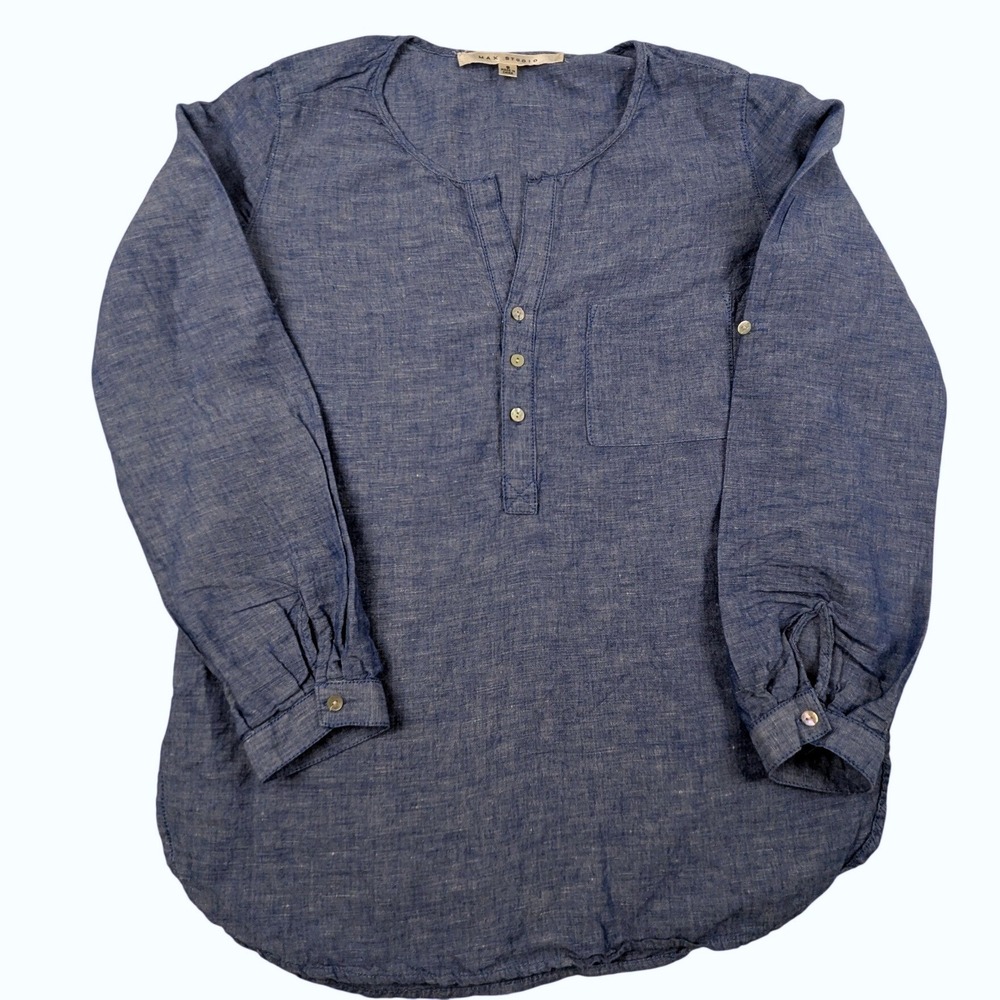 Max Studio Womens Blue Linen Blend Split Neck Button Blouse Size S - Picture 2 of 13